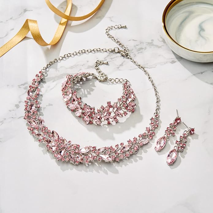 BriLove Women's Wedding Bridal Austrian Crystal Marquise Cluster Collar Necklace Dangle Earrings Set