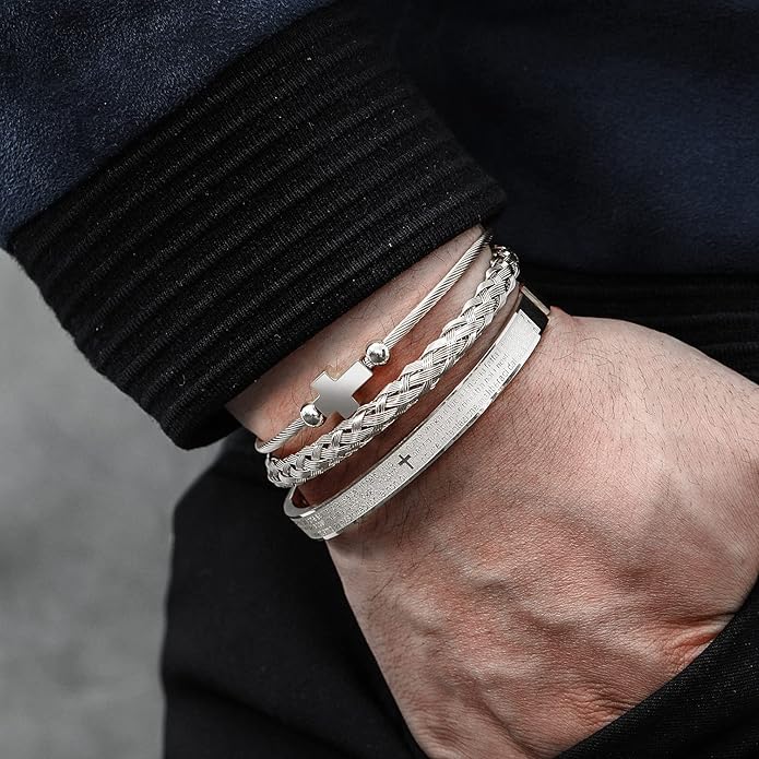 WFYOU 3PCS Stainless Steel Bracelets for Men Gold Roman Numeral Bangle Bracelet Twisted Cable Bracelet Adjustable Cuff Bracelet Mens Luxury Jewelry Bracelets Gifts