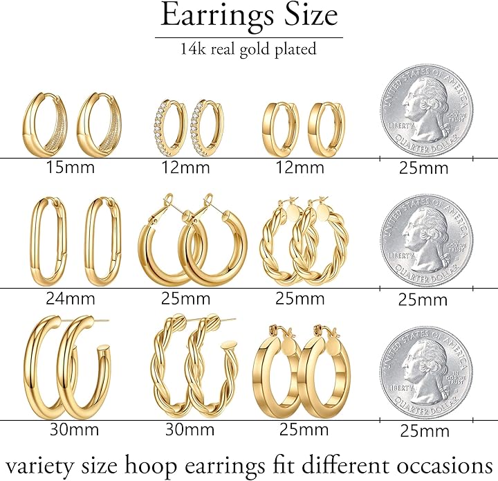 Yesteel 9 Pairs Gold Hoop Earrings for Women, 925 Sterling Silver Post 14K Real Gold Plated Chunky Hoop Earrings Set for Women Hypoallergenic Thick Lightweight Earring for Womens Jewelry Gifts