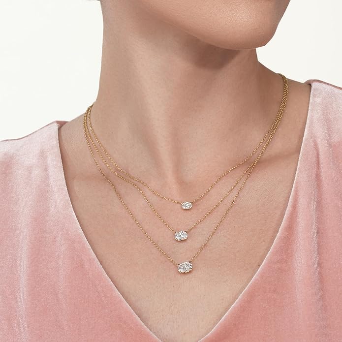 Carbon Atelier IGI Certified 1/3 to 3 Carat Oval Lab Grown Diamond Horizontal Solitaire Pendant Necklace for Women I 14k Gold Necklace (G-H, VS1-VS2, cttw) 16 to 18 Inch Long Adjustable Chain