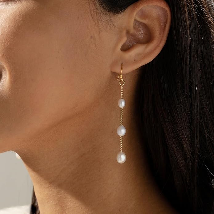 Long Pearl Earrings for Women 18K Gold Plated Hypoallergenic Lightweight Pearl Dangle Drop Earrings for Wedding Elegant Jewelry for Bridal Christmas Gift