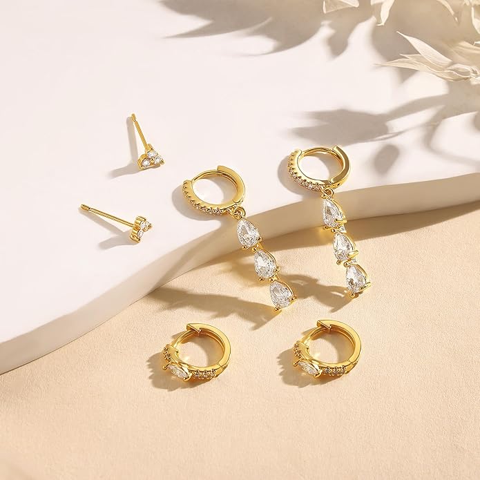 3 Pairs Earrings Set for Multiple Piercings, Gold Plated Studs Hoop Earrings Stack, CZ Dangle Earrings Set, Hypoallergenic for Sensitive Ears, Women's Gift