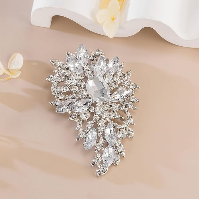 SELOVO Women's Rhinestone Crystal Wedding Flower Leaf Sparkle Brooch Pin