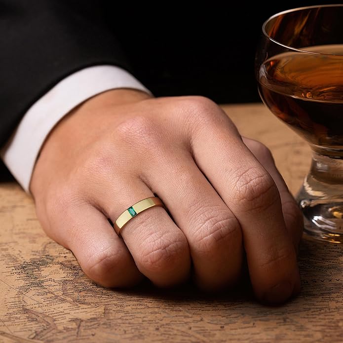 JSJOY Gold Rings that Don't Tarnish Mens Wedding Band Promise Rings Emerald Cut Engagement Ring Wedding Gifts for Newlyweds Husband Birthday Gifts for Men Him Boyfriend
