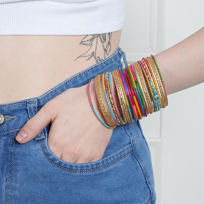 Touchstone Stunning Rainbow Multicolor Bangle Collection. Indian Bollywood Colorful Bangle Bracelet Set of 24 In Antique Gold Tone For Women.