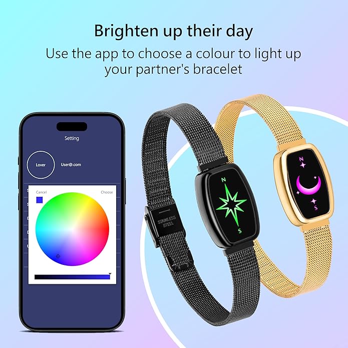 PNMNBW Long Distance Touch Bracelets for Couples, Vibration & Light up | Long Distance Couples Bracelets Relationship Gifts for Girlfriend Bluetooth Pairing Jewelry Xmas Gifts