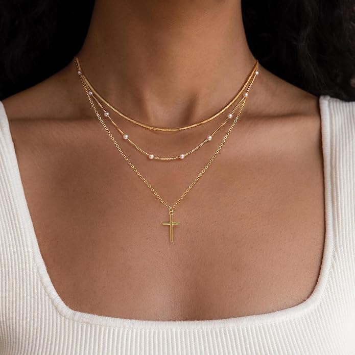 Layered Necklace for Women 14K Gold Plated Dainty Paperclip Herringbone Pearl Cross Pendant Necklace Stack，Layering Chain Cuban Figaro Rope Chain Choker Trendy Gold Jewelry Gift