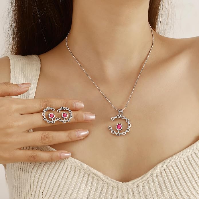 Ydou Elegant C-Shaped Crystal Necklaces/Stud Earrings Set with Birthstone Jewelry Set Silver Plated Fashion Jewelry for Women CS0003