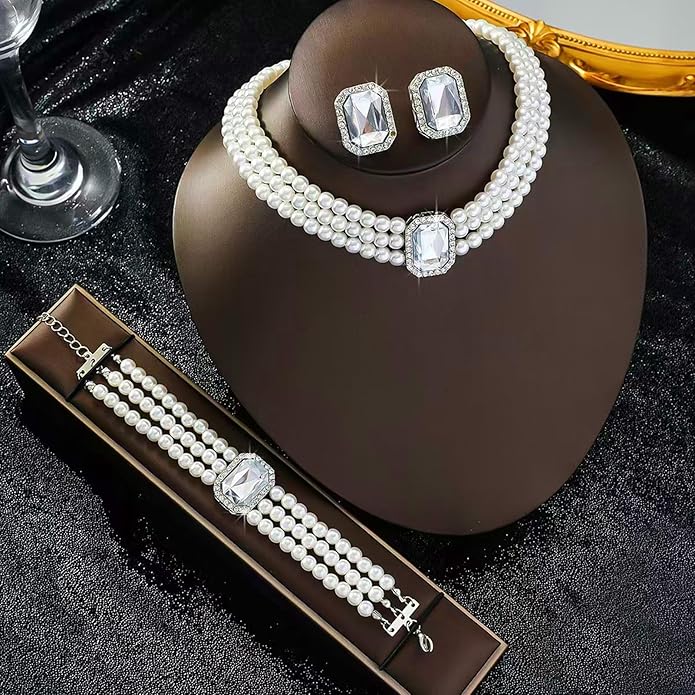 la luen Pearl Bride Wedding Jewelry Set Faux Pearls Crystal Rhinestone Necklace Earrings Bracelet Sets for Women Bridesmaid(3 PCS)