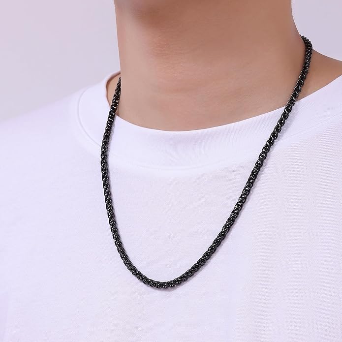 Fiusem Black Wheat Chains for Men and Women, 2/2.5/3/4/5mm Stainless Steel Necklace Chain, Mens Necklace Jewelry Gift 16-28 Inch