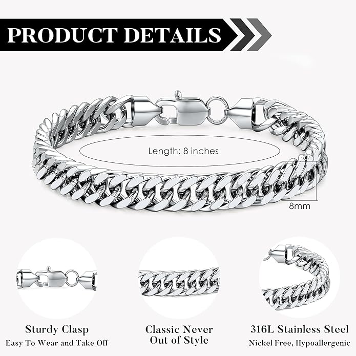 IEFLIFE Bracelet Gifts for Men Him - Silver/Black Stainless Steel Cuban Link Chain Bracelet Gifts for Son Grandson, Fathers Day Anniversary Birthday Gift for Men Husband, 8mm Bracelets Gift Jewelry