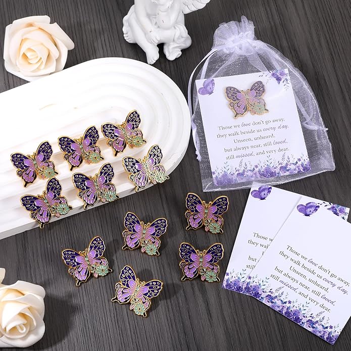 MveLwodx Funeral Favors for Guest Celebration of Life Favors Butterfly Pins Brooches Organza Bags Thank You Cards for Memorial Party Supplies Guest Family Friends Return Favors Funeral Gifts