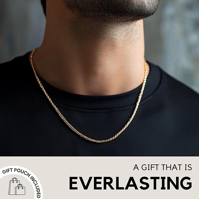 KISPER Solid 18K Gold Over 925 Sterling Silver Italian Diamond-Cut 1.5mm Braided Rope Chain Necklace - for Men & Women with Lobster Clasp - Made in Italy