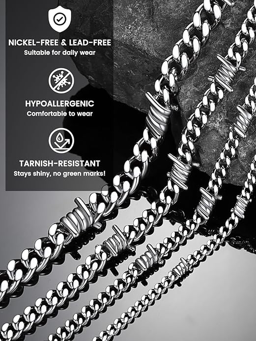 Bestyle Barbed Wire Necklace 5/7/9/12mm Mens Chain Necklaces Hip-hop Punk Gothic Stainless Steel Chain Heavy Thick Cuban Link Chain for Men Women, Length 16/18/20 Inch