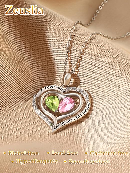 Zeuslia Double Birthstone Necklace Gifts for Wife - 925 Sterling Silver Sunflower/Rose/Crown Cross/Compass/Heart Pendant I Love You Necklace, Anniversary Birthday Gifts for Wife Girlfriend Mom Her