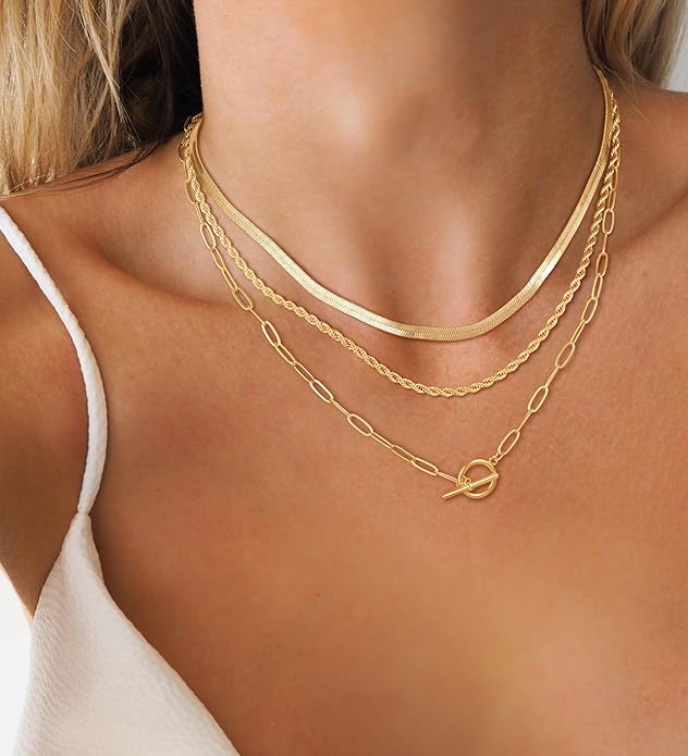 CHESKY 14K Gold Plated Layered Herringbone Necklaces for Women, Trendy Paperclip Snake Chain Necklace Cuban Link Simple Chunky Toggle Clasp Necklace Set Fashion Jewelry