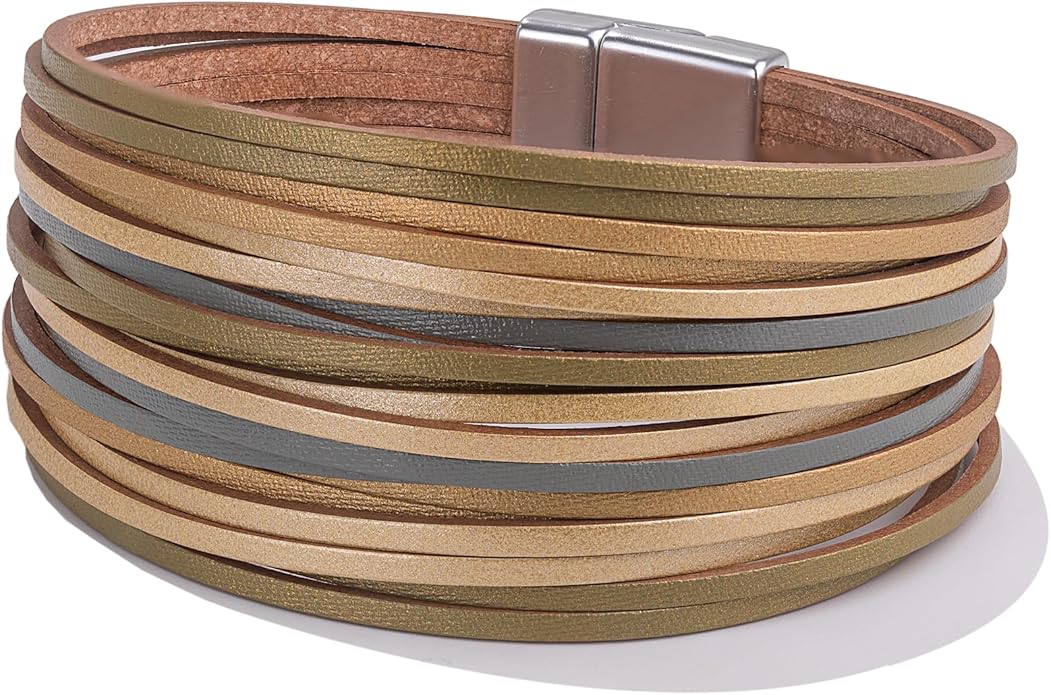 FANCY SHINY Boho Leather Wrap Bracelet Stackable Layered Bangle Cuff with Magnetic Clasp