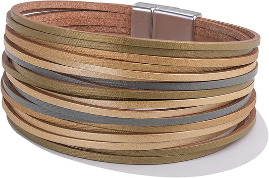 FANCY SHINY Boho Leather Wrap Bracelet Stackable Layered Bangle Cuff with Magnetic Clasp