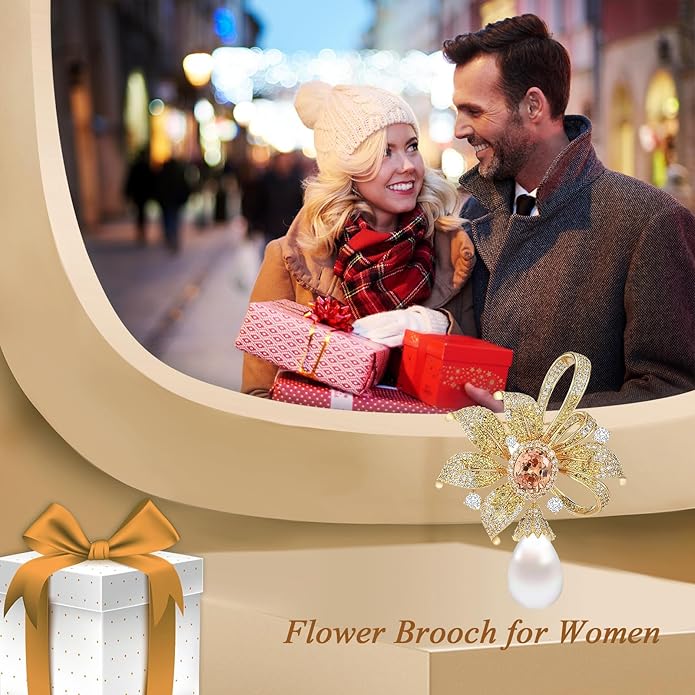 Flower Brooch for Women Girls Flower Rhinestone Brooch Gold Plated Lapel Pin Clothing Accessory Wedding Gift Fashion Jewelry for Mom Wife