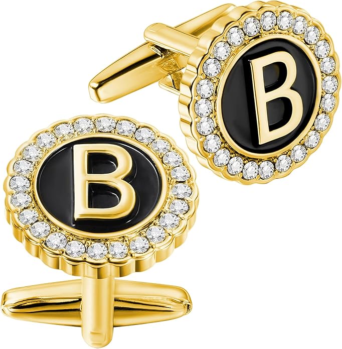 HAWSON A-Z Initial Cufflinks for Men and Women with Clear Crystal, Gold Silver Color Rasied Letter A-Z Cuff Links for French Shirt, Gift for Normal and Business Wearing