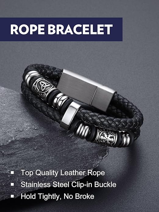 Bandmax Mens Black Double Wax Rope Cuff Bracelets Waterproof Stainless Steel Norse Style Celtic Knot Beads Bracelet Wristband Gift for Men