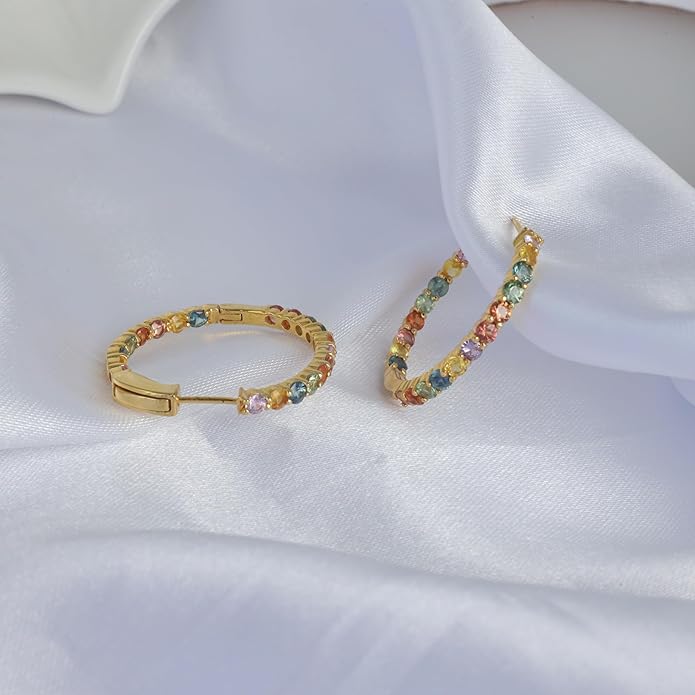 Hoop Earrings with 40 Colored Gemstones, Birthstone Earrings, 925 Sterling Silver Rhodium Plated, Push Back Closure, 1.18'