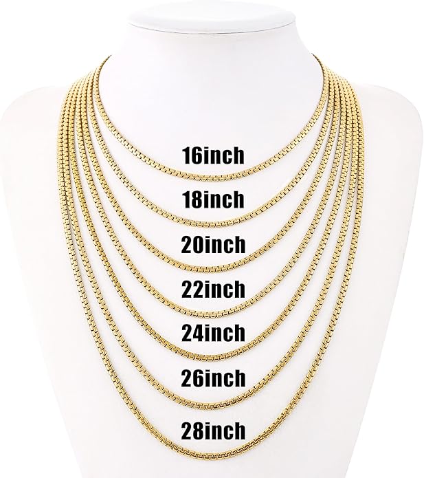Fiusem Flat Box Chains for Men, 14k Gold Plated Stainless Steel Chain Necklace, 2.5/3/4/4.5/5mm Necklaces for Men and Women 16-28 Inch