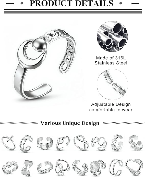 LOLIAS 16Pcs Stainless Steel Rings for Women Chunky Silver Rings Non Tarnish Stackable Ring Open Adjustable Thumb Finger Statement Rings Set