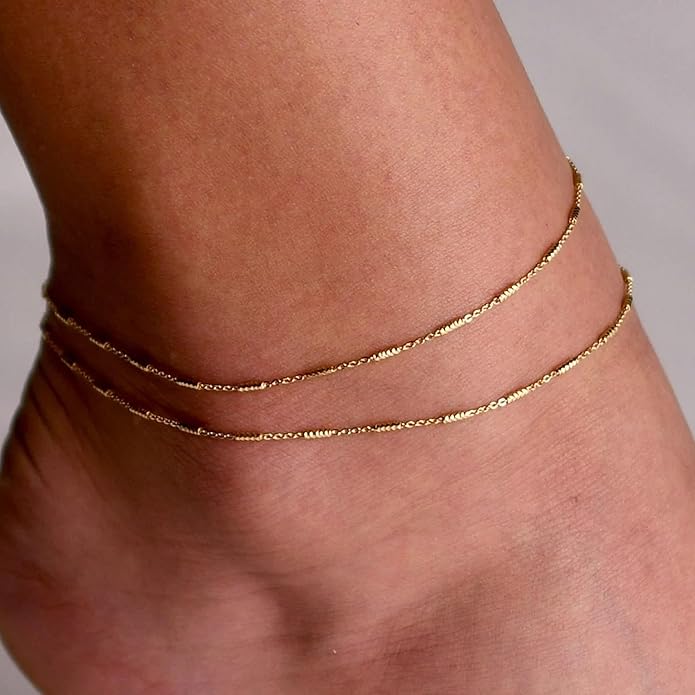 Pencros Dainty Layered Anklet,14K Gold Filled Cute Beads Satellite Chain Heart Boho Adjustable Anklets for Women