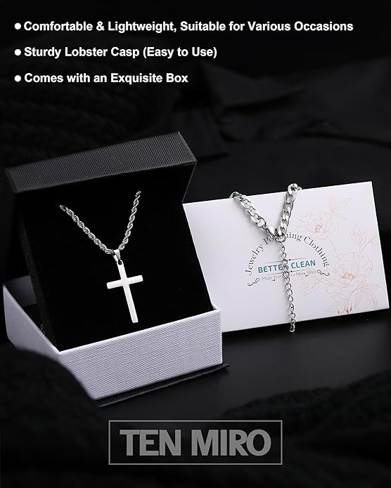 TEN MIRO Silver/Black Cross Necklace for Men Boy Stainless Steel Cross Pendant Necklace for Men Christian Religious Jewelry with Box & Card Birthday Anniversary Christmas Father's Day Gifts for Him