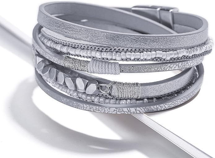 Fesciory Leather Wrap Bracelets for Women, Boho Leopard Multi-Layer Crystal Beads Cuff Bracelet Jewelry