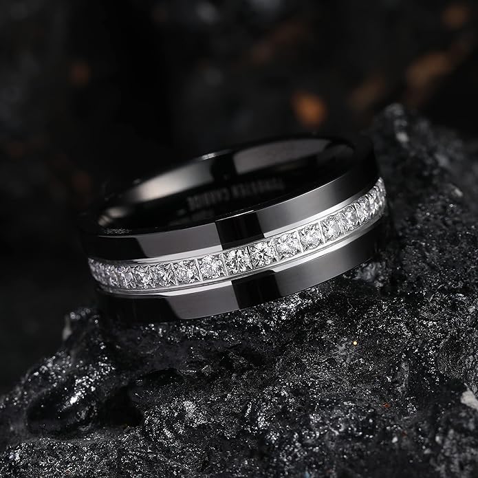 King Will Mens Tungsten Wedding Band with Cubic Zircon Inlay 7mm/8mm Flat Cut Comfort Fit Engagement Rings