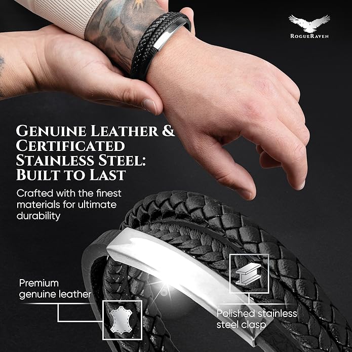 RogueRaven Black Leather Bracelet for Men – Premium Collection – Brown Black Gold Silver | Genuine Leather Mens Bracelet with Stainless Steel Clasp [Adjustable] | In Luxury Gift Box