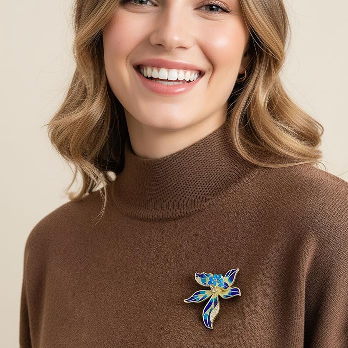 Multi-Color Enamel Flower Brooch For Women Gold Tone with Blue Zircon Crystal Accents, Vibrant Brooches Pin for Dresses Blazers
