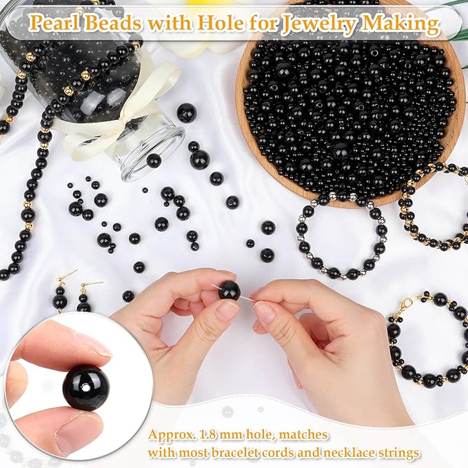 Anezus 2205Pcs Black Pearls for Craft, Assorted Sizes Fake Pearl Beads, Sew on Pearls, Bulk Loose Pearl Beads with Holes for Jewelry Making, Bracelets, Necklaces, Hairs, Decoration, Vase Filler