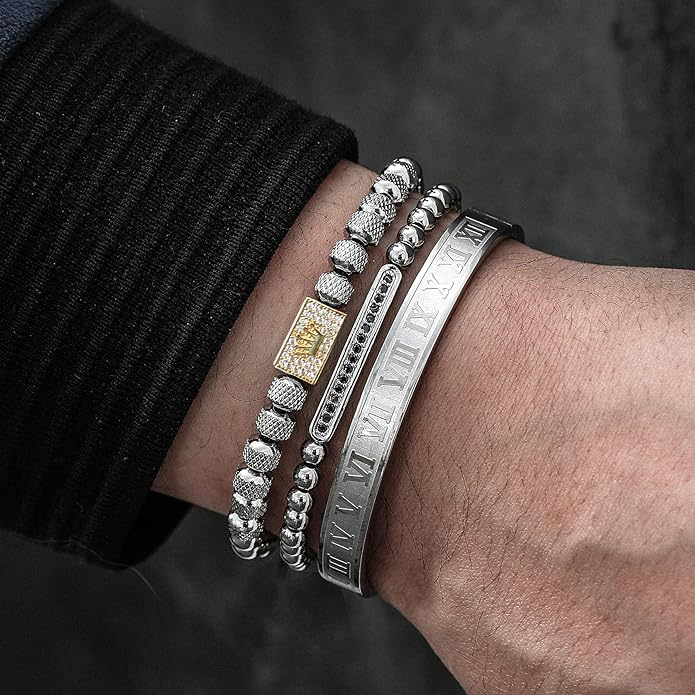 WFYOU 3PCS Stainless Steel Bracelets for Men Gold Roman Numeral Bangle Bracelet Twisted Cable Bracelet Adjustable Cuff Bracelet Mens Luxury Jewelry Bracelets Gifts