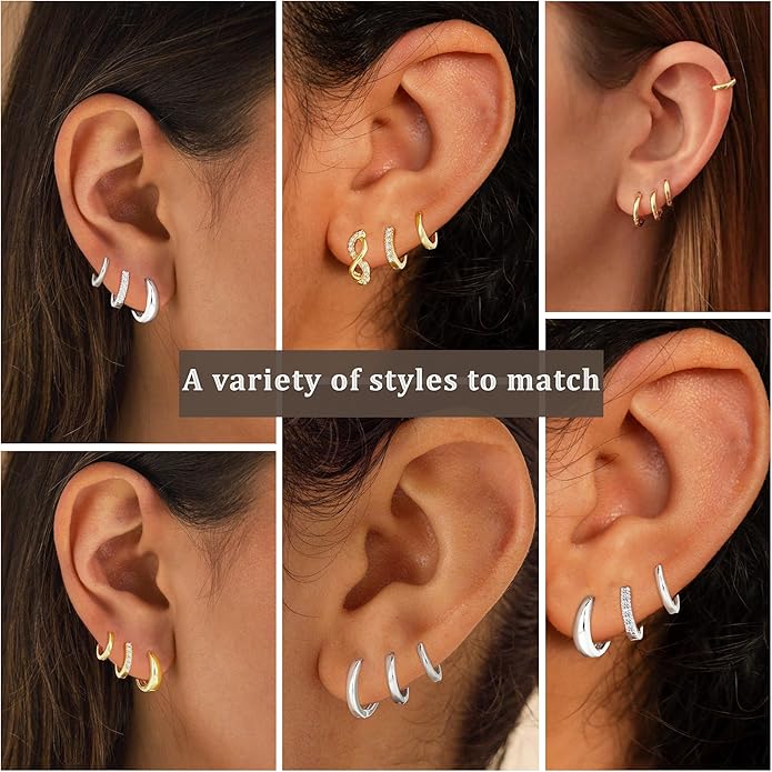DORANA Valentines Day Gift 3 Pairs 925 Sterling Silver Earrings for Women Girls Non Tarnish Small Hypoallergenic Huggie Hoops Cartilage Stack Earring Sets for Multiple Piercing