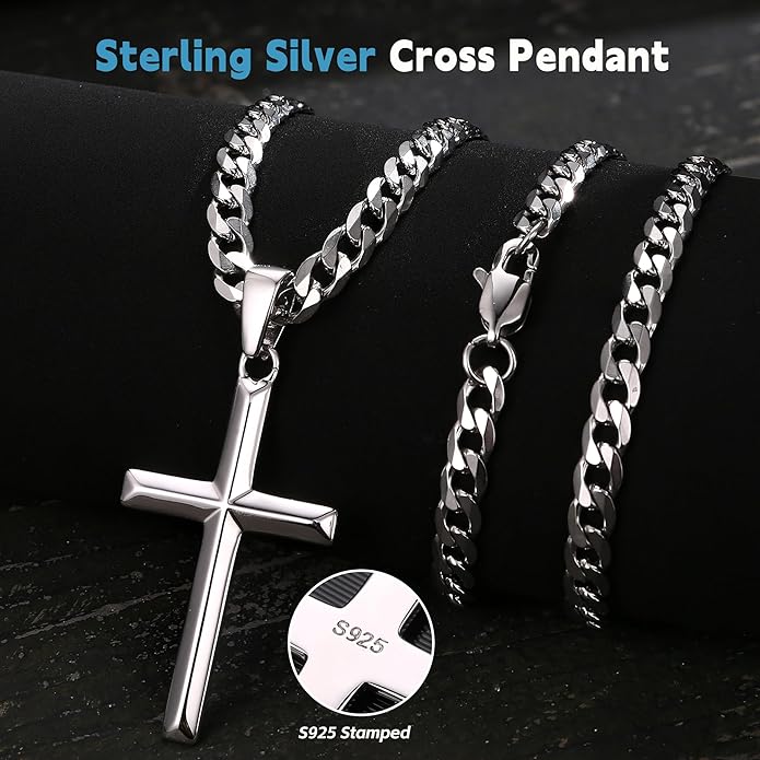 MILACOLATO 925 Sterling Silver Cross Necklace Men - Beveled Edge Cross Pendant with 5mm 316L Stainless Steel Cuban Link Curb Chain Crucifix Necklaces Silver Jewelry for Men Women, 18-30'' Christian Baptism Gift