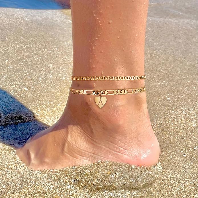 YANODA Initial Ankle Bracelets for Women, Layered Gold Anklets for Women 14k Real Gold Filled Figaro Letter Anklets for women waterproof Summer Jewelry Personalized Gifts for Women