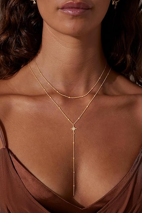 Lariat Necklaces for Women - Dainty Long Necklace Trendy 14K Gold Plated Hypoallergenic Layered Long Y-Shape Sunburst CZ T-Bar Pendant Drop Chain Necklace Set for Women Non Tarinsh Jewelry Gift