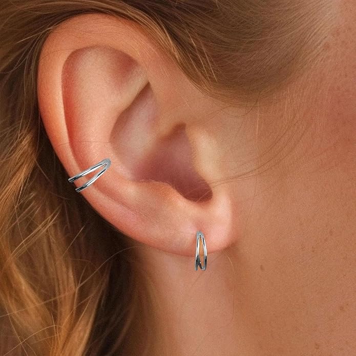 2 PCS Small Cartilage Double-Hoop Helix Conch Piercing Earrings With Cubic Zirconia For Women Trendy 14K Gold Plated Titanium Surgical Stainless Steel Sets Jewelry