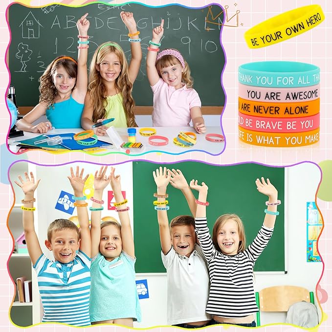 JUNEBRUSHS 64pcs Motivational Silicone Bracelets Bulk Colored Inspirational Rubber Wristbands Unisex for Student Teacher Office Prizes Gifts Back to School Party Favor Supplies (16 Designs)