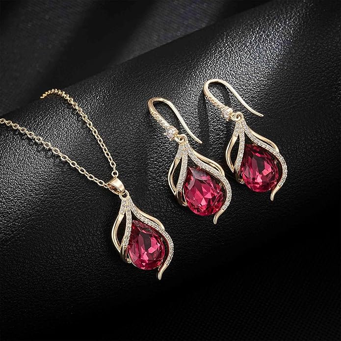 EVEVIC Austrian Crystals Teardrop Hollow Twisted Pendant Necklace Earrings for Women 14K Gold Plated Halo Drop Dangle Earrings Hypoallergenic Jewelry Set