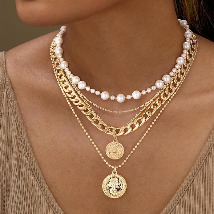 MJartoria Layered Necklaces for Women Trendy Retro Coin Pendant Necklace Dainty Chunky Chain Choker Necklaces for Jewelry Birthday Gifts