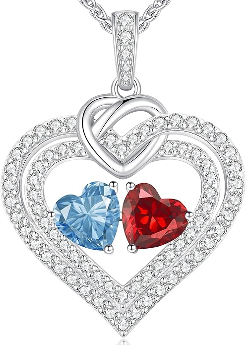 LOUISA SECRET Sparkling Double Heart Birthstone Necklaces for Women, 925 Sterling Silver Fine Jewelry, Pendant Heart Necklaces Birthday Anniversary Christmas Gift for Women Wife Mom Girlfriend Lady