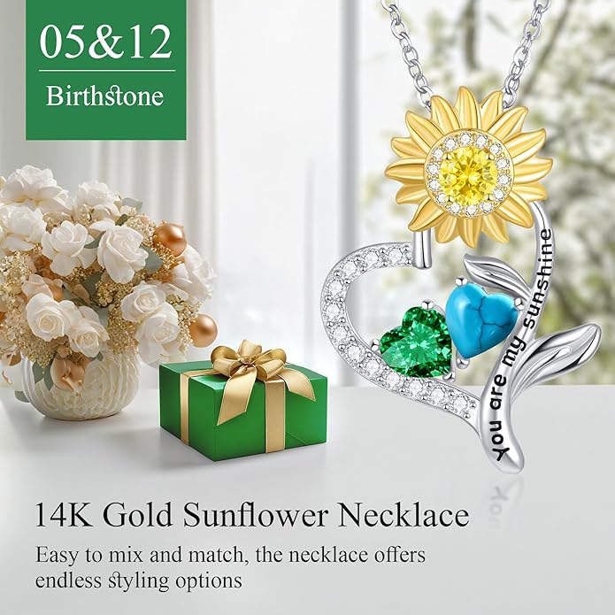 PERJI Valentine's Day Gifts for Women - 925 Sterling Silver Double Birthstone Sunflower Necklace, Anniversary Birthday Jewelry You are My Sunshine Gifts for Wife Couple Girlfriend 18"+2" Non Tarnish