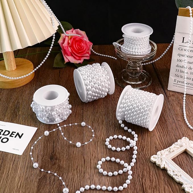 Towenm 4 Rolls 76 Feet Pearls Garland, Faux Pearl Beads Roll Strand, 4mm 6mm 8mm Artificial Pearls Chain Trim, 3-8mm Fishing line Pearls Strings for Crafts Wedding Christmas Decoration, White