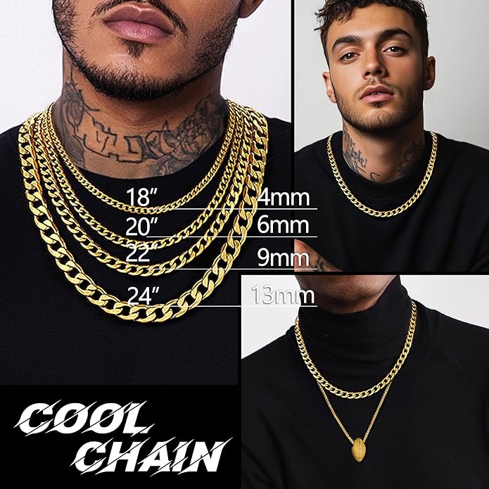 PROSTEEL 316L Stainless Steel Cuban Link Chain Necklaces for Men, Black/18K Gold Plated, Hypoallergenic Jewelry, 4mm-13mm, 14"-30", Come with Box