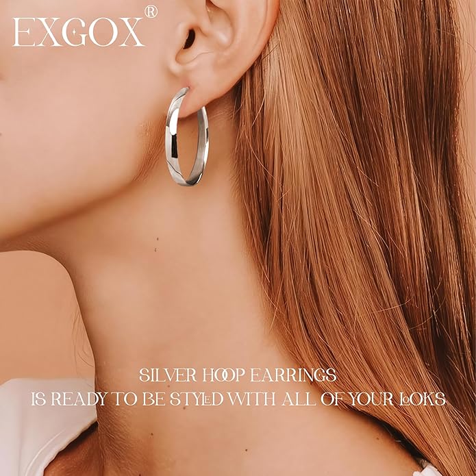 EXGOX 5mm Wide Gold Hoop Earrings for Women,Sterling Silver Hoop Earrings Large Silver Hoop Earrings Hypoallergenic Lightweight 14K Real Gold Plated Big Hoop Earrings for Women 30/40/50/60/70mm