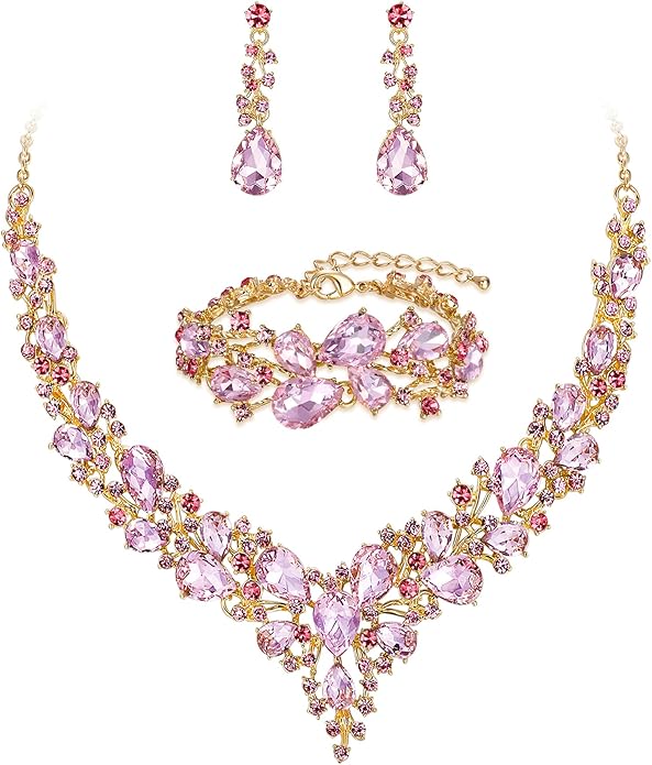 BriLove Wedding Bridal Jewelery for Women Austrian Crystal Teardrop Cluster Statement Necklace Dangle Earrings Link Bracelet Set